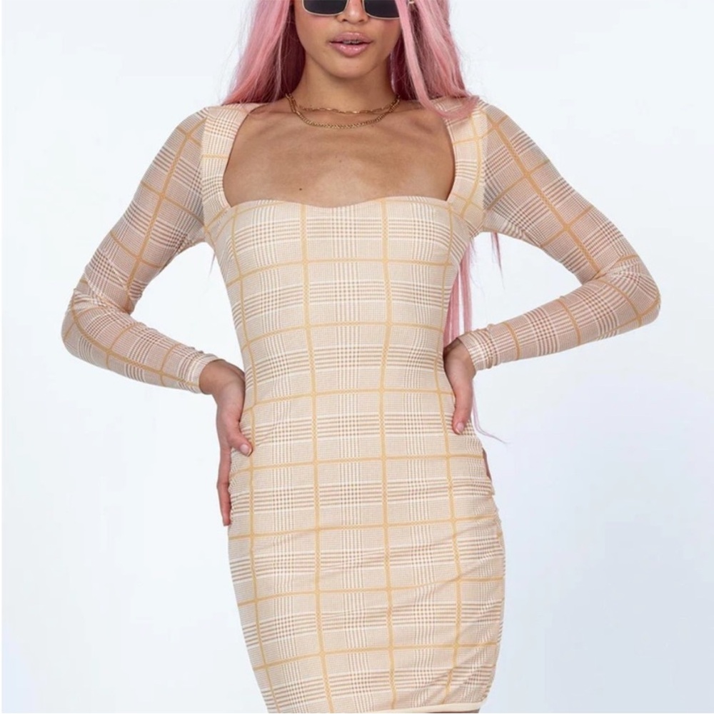 Princess Polly Cream and Tan Checkered Mini Dress with Open Back